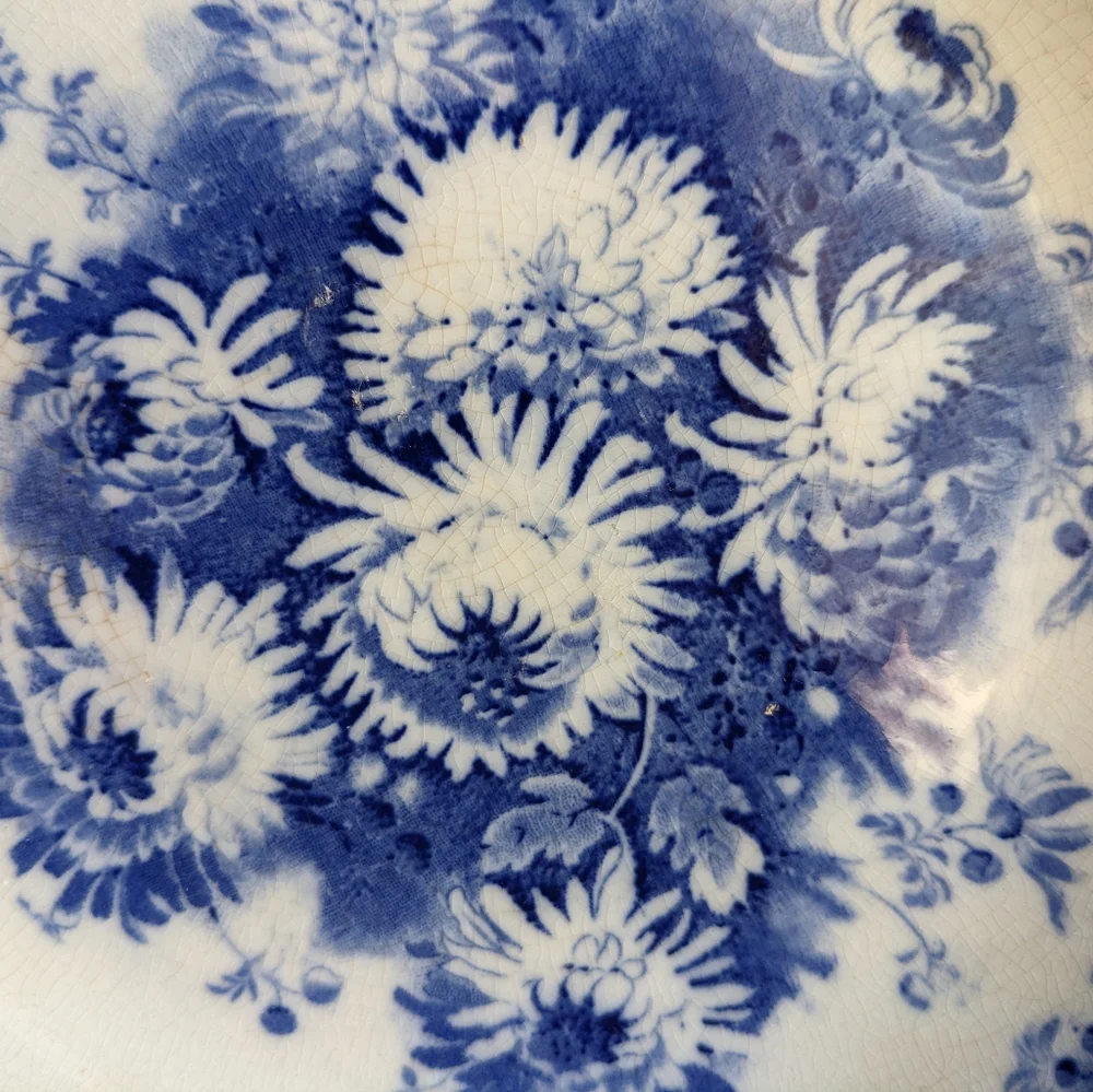 Antique Upper Hanley England Dahlia Flow Blue Floral Round Vegetable Bowl